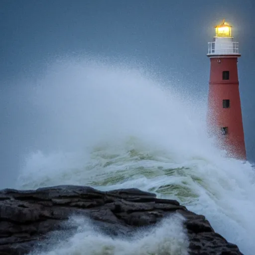 Image similar to close up of light house on cliffs at night with rough seas and high waves, stormy unreal 5