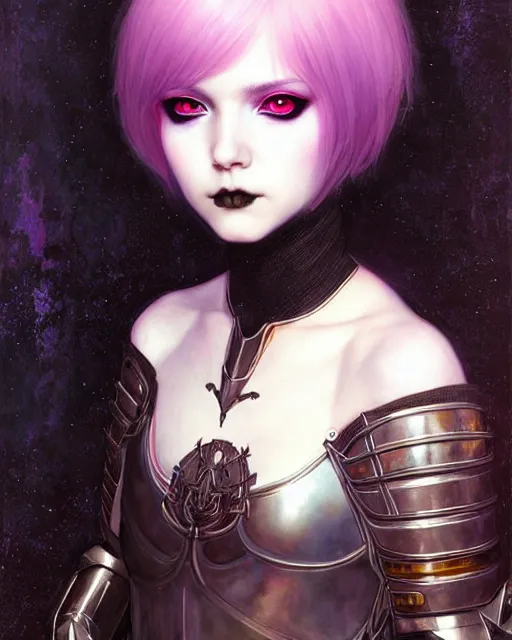 Image similar to portrait of beautiful cute young goth maiden girl with short white hairs in warhammer armor, art by ( ( ( kuvshinov ilya ) ) ) and wayne barlowe and gustav klimt and artgerm and wlop