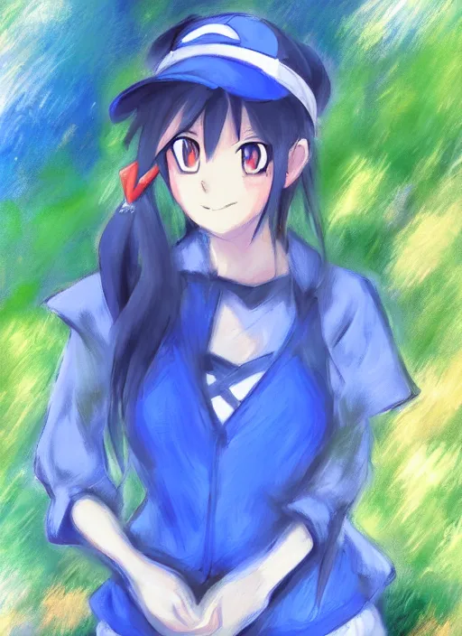 Prompt: a portrait of a female pokemon trainer, blue outfit, very anime in impressionist style, anime trending artwork, anime painter studio, by claude monet