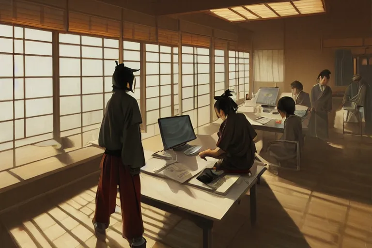 Prompt: japanese samurai working in a modern day office, late afternoon by tsviatko kinchev, makoto shinkai, linda wilder, cedric peyravernay, oil painting, ultra detailed