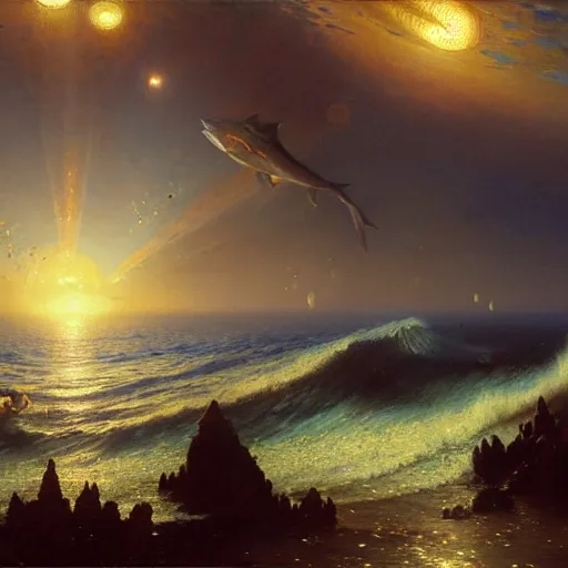 Prompt: point of view of deep in the ocean looking up, you see fishes, higher up you see very clearly the milk way illuminating the sea down bellow. highly detailed painting by gaston bussiere, greg rutkowski 8 k