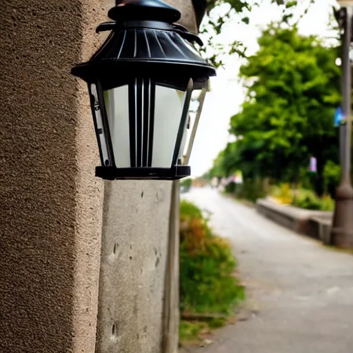 Prompt: lonely old lantern on empty modern street around trees brunches at night