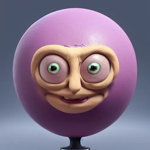 Image similar to photo of a clay model of character with large spherical purple head and humongous eyes and spindly limbs with face close to the camera, fish eye lens, 4 k, hyper realistic, hyper detailed face, octane render