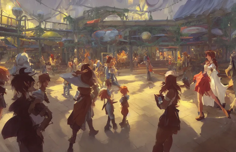 Prompt: greg manchess concept art of the millennial fair from chrono trigger, outdoor fairgrounds, striped pavillions, leene's bell, key visual, ambient lighting, highly detailed, digital painting, artstation, concept art, sharp focus, by makoto shinkai and akihiko yoshida and hidari and wlop and greg rutkowski