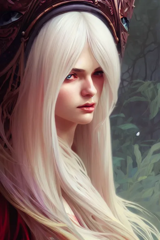 Prompt: a beautiful girl with long white hair and bangs, red eyes, fantasy, portrait, sharp focus, intricate, elegant, digital painting, artstation, matte, highly detailed, concept art, illustration, ambient lighting, art by ilya kuvshinov, artgerm, Alphonse mucha, and Greg Rutkowski