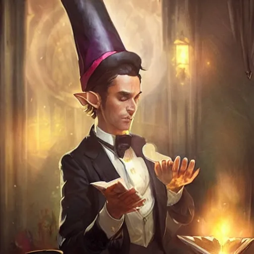 Prompt: magic elf magician wearing top hat performing a card trick, fantasy game art by greg rutkowski, fantasy rpg, league of legends