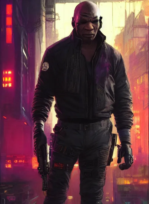 Prompt: Mike Tyson. Cyberpunk assassin in tactical gear. blade runner 2049 concept painting. Epic painting by Craig Mullins and Alphonso Mucha. ArtstationHQ. painting with Vivid color. (rb6s, Cyberpunk 2077, matrix)