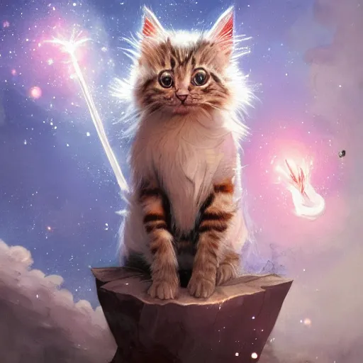 Image similar to a single cartoonish kitten dressed as Gandalf floating in space, bright stars, anime, a fantasy digital painting by Greg Rutkowski and James Gurney, trending on Artstation, highly detailed