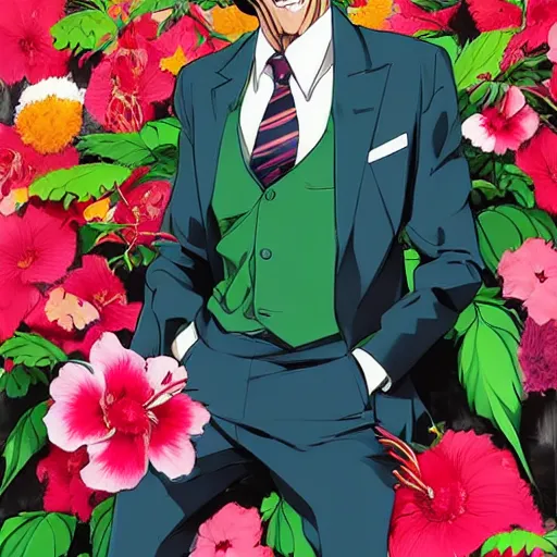 Image similar to willem dafoe, grinning, wearing a suit, posing, portrait surrounded by hibiscus flowers, jojo cover art, jojo anime style, david production, style of vento aureo cover art, style of stone ocean cover art, style of steel ball run cover art, style of jojolion cover art, ilya kuvshinov style, illustrated by hirohiko araki