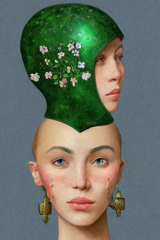 Image similar to portrait of beautiful young mainem, warhammer, russian style, cyber armor, a lot of more scars, more and more flowers, green head, the middle ages, highly detailed, artstation, illustration, art by rene magritte, 8 k quality