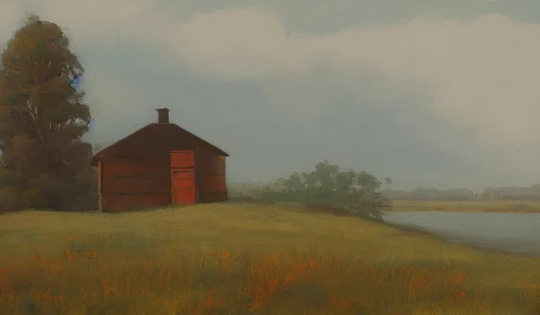 Prompt: A serene landscape with a singular building in the style of painterly.