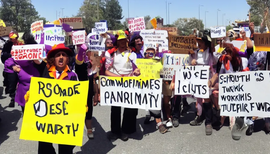 Image similar to willy wonka's oompa loompas holding up signs and protesting outside the factory against unfair work conditions