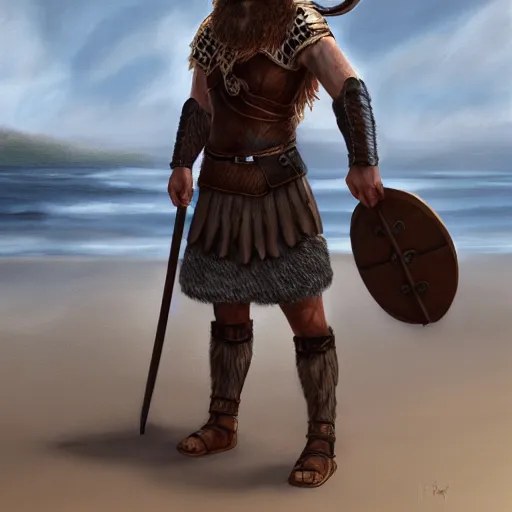 Prompt: portrait of a viking, male standing on the beach facing camera, epic fantasy, detailed, intricate, digital painting, concept art, realistic, smooth, focus, rim light