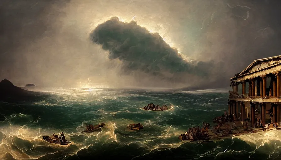 Prompt: Baroque painting of a tsunami hitting Athens, hyperdetailed, artstation, cgsociety, 8k