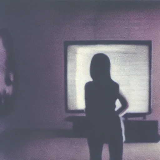 Image similar to a girl watching a lot of television screens static on a room, 8 mm, found footage