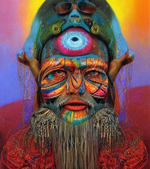 Image similar to Portrait painting in a style of Beksinski mixed with Alex Grey of an old shaman dressed in a colorful traditional clothes. Symmetry