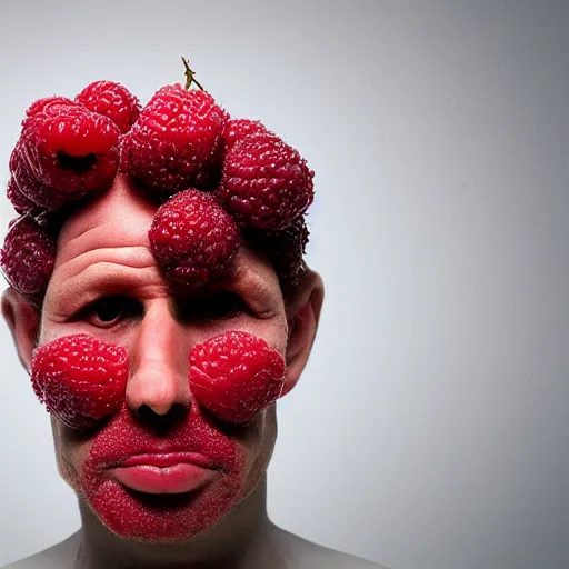 Prompt: studio photograph of a man made entirely out of raspberries