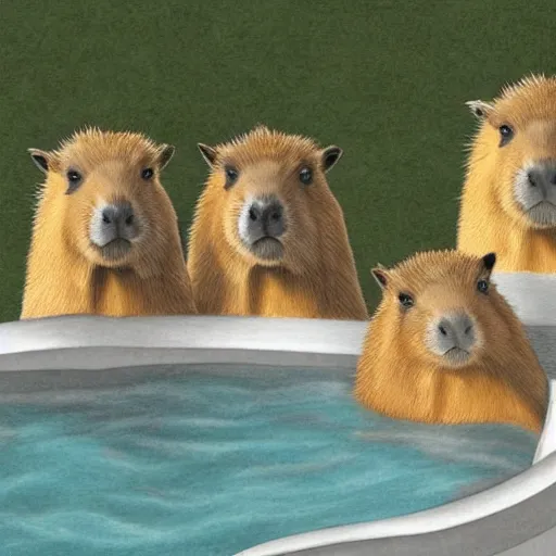 Prompt: pencil sketch of four capybaras in hot tub, realistic, shaded