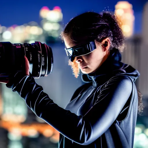 Image similar to photographic portrait of a techwear woman the camera a bullet, closeup, on the rooftop of a futuristic city at night, sigma 85mm f/1.4, 4k, depth of field, high resolution, full color, award winning photography