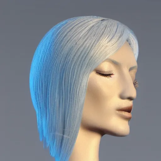 Prompt: refracting translucent ice sculpture of hair! resting on a beautiful!! marble female wig stand, cinema 4 d sharp focus