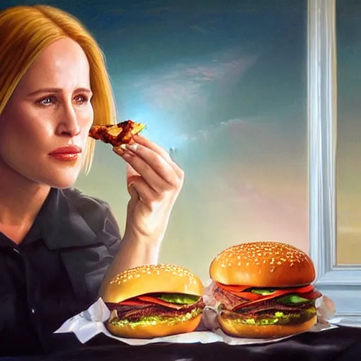 Prompt: portrait of patricia arquette eating giant hamburgers, extra bacon lettuce and tomatoes, ethereal volumetric light, hyperrealist, an oil painting by ross tran and thomas kincade