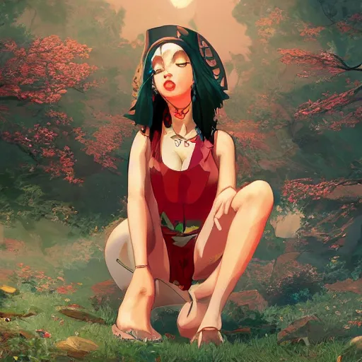 Prompt: sexy cardi b druid girl wearing a low cut tanktop and shorts, bending down slightly, hand on hips, luscious red lips, scenic view, in the style of ilya kuvshinov, 3 d, high definition anime art, gorgeous, sexy, pretty, curvacious