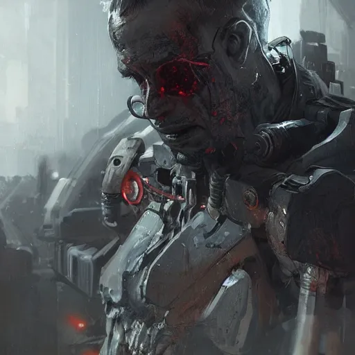 Image similar to Dying cyborg in a war zone, by Cedric Peyravernay, highly detailed, excellent composition, cinematic concept art, dramatic lighting, trending on ArtStation