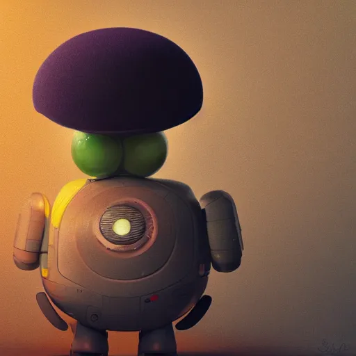 Image similar to full body portrait of a round robot wearing beret, painting a canvas, big head, high detail, beautiful light, depth of field, sharp focus, clean design, 4 k, pixar, colorful, octane render