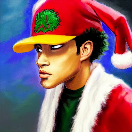 Image similar to an oil painting of a izuku midoriya wearing a hip - hop rap christmas hat drawn by frank frazetta, hd, hdr, ue 5, ue 6, unreal engine 5, 3 d, cinematic 4 k wallpaper, 8 k, ultra detailed, high resolution, artstation, award - winning pencil drawing