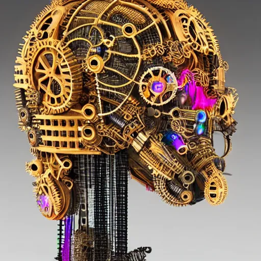 Image similar to a glossy claymodel of a steampunk aztec futuristic robot head, top of the head is made of gears and wires and multicolored glowing tubes, eyes are multicolored led screen, 8 k, front shot, symetrical, flourescent colors, halluzinogenic, multicolored, insanely detailed, 3 d render, octane
