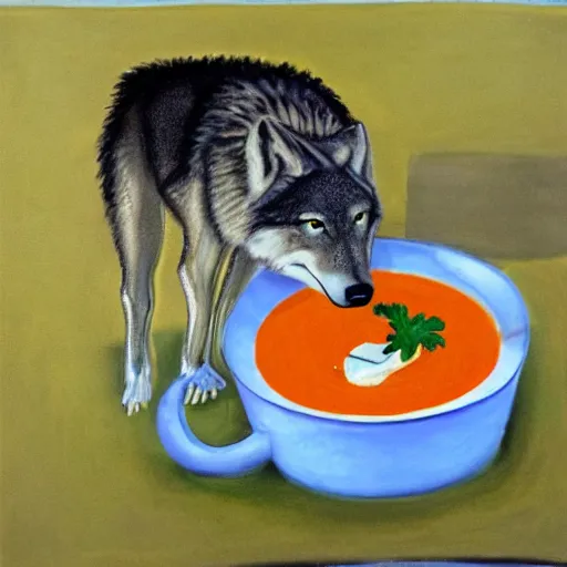 Image similar to a wolf drinking soup