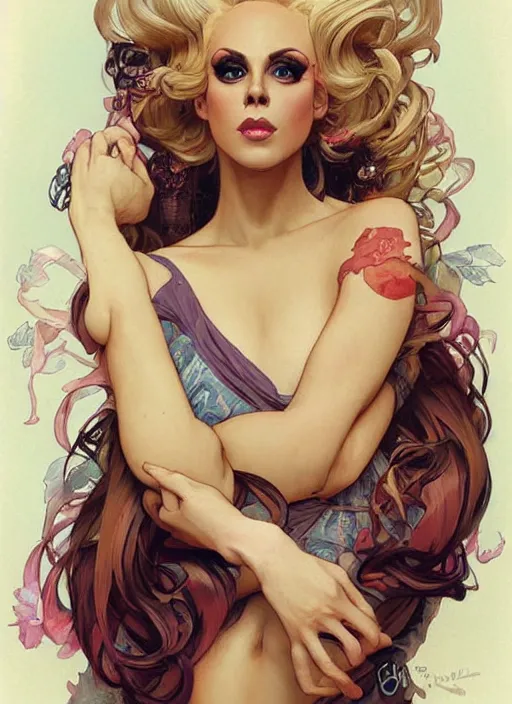 Image similar to katya, drag queen, painting by artgerm and greg rutkowski and alphonse mucha