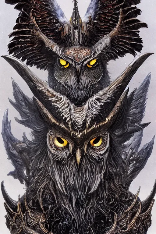 Image similar to full body concept art of owl wear baphomet armor made with porcelain by jeff easley and peter elson, beautiful eyes and face, symmetry face, galaxy, gothic, surreal, dread, highly detailed, intricate complexity, epic composition, magical atmosphere, masterpiece, award winning, trending on artstation