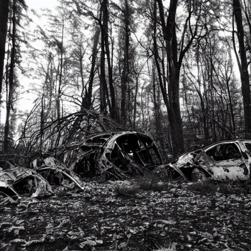 Image similar to huge crashed ufo wreckage in the forest, black and white photo, cinematic, found footage