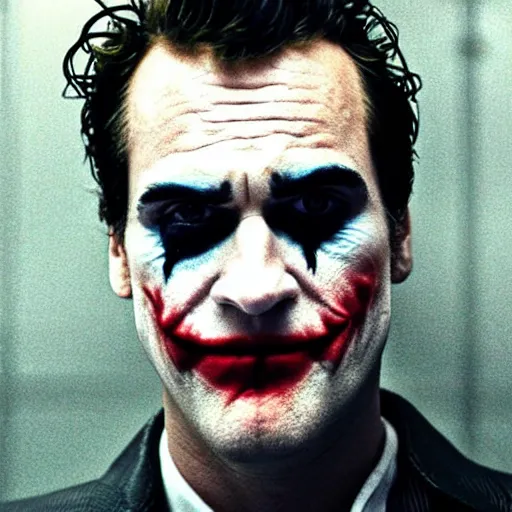 Prompt: joker played by joaquin phoenix in fight club film still cinematography by david fincher