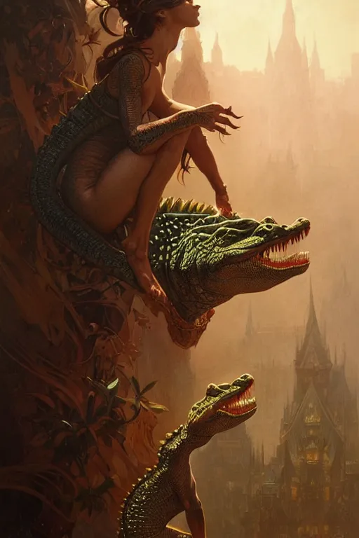 Image similar to crocodile god date, d & d, fantasy, intricate, elegant, highly detailed, digital painting, artstation, concept art, matte, sharp focus, illustration, art by artgerm and greg rutkowski and alphonse mucha