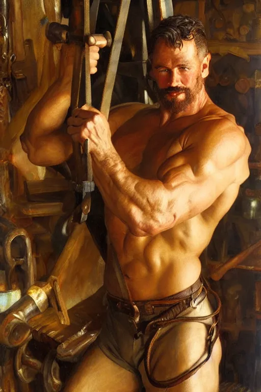 Image similar to muscular sweaty male blacksmith, forgehouse painting by gaston bussiere, craig mullins, j. c. leyendecker, tom of finland