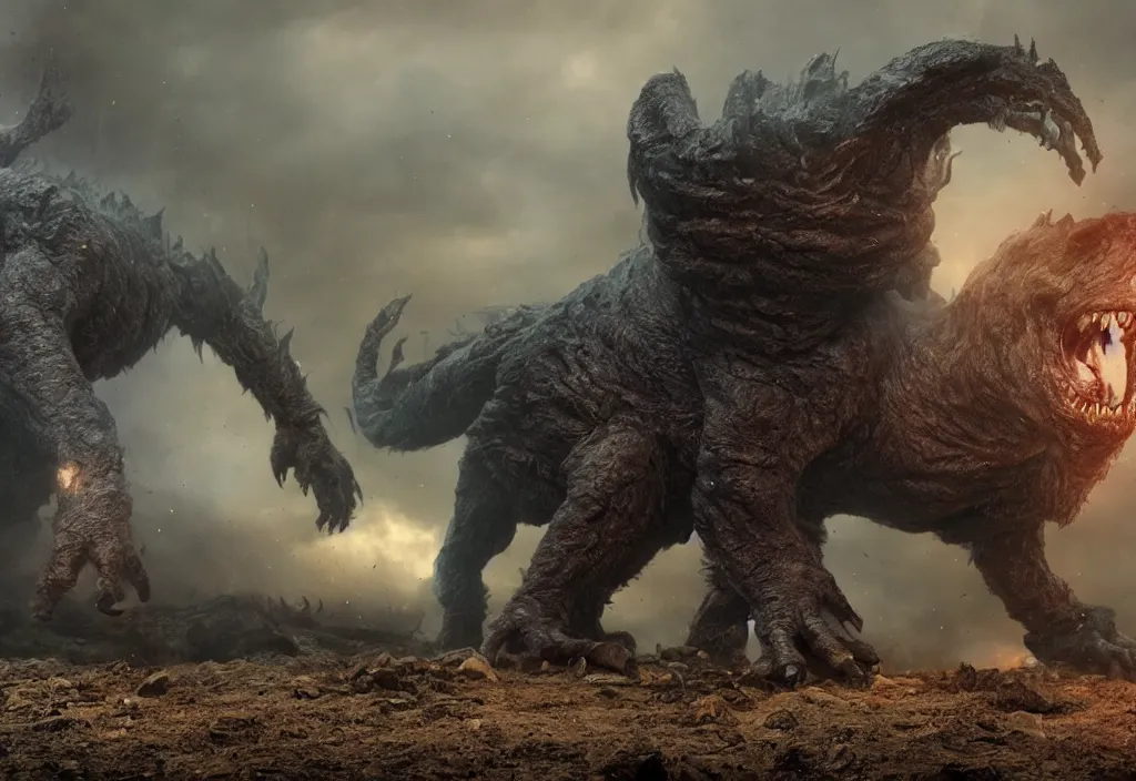 Image similar to vfx color film closeup, huge behemoth monster creature fury beast by aaron sims, in residential street, low - key lighting award winning photography arri alexa cinematography, hyper real photorealistic cinematic beautiful, atmospheric