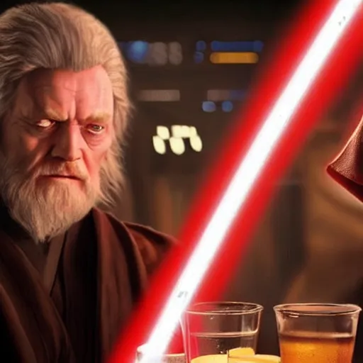 Image similar to star wars palpatine and obi wan drin beer in a sci - fi bar, movie still, screenshot, photorealistic painting, fanart, highly detailed