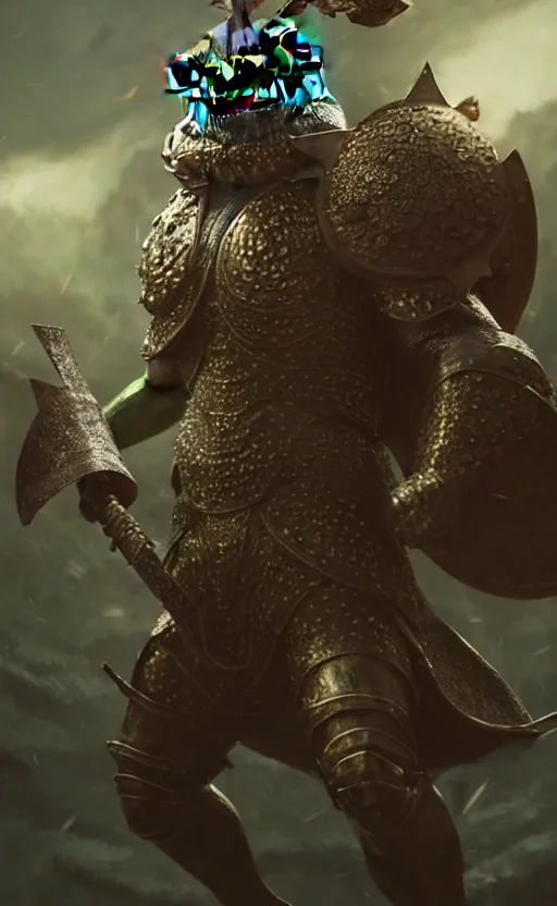 Image similar to a frog knight, holding up a large shield, battle armor, atmospheric lighting painted intricate volumetric lighting, beautiful, sharp focus, ultra detailed by leesha hannigan, ross tran, thierry doizon, kai carpenter, ignacio fernandez rios, makoto shinkai