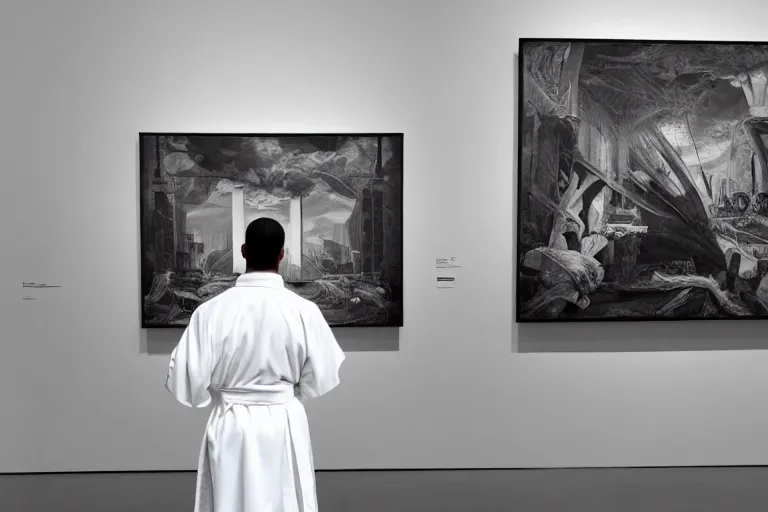 Prompt: back view of a man wearing white modern robe standing in front of the painting in the minimalist liminal art gallery, retrofuturism, symmetry, highly detailed, very sharp details, modern sci - fi movie, by piranesi and giger