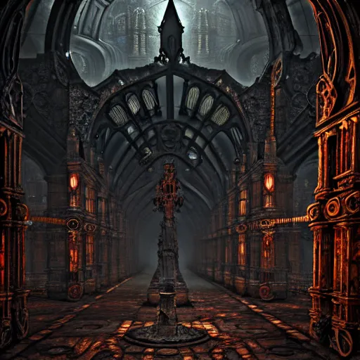 Image similar to steam necropolis, memento mori, gothic, neo - gothic, art nouveau, hyperdetailed copper patina medieval icon, stefan morrell, philippe druillet, ralph mcquarrie, concept art, steampunk, unreal engine, detailed intricate environment, octane render, moody atmospherics, volumetric lighting, ultrasharp, ominous, otherworldly