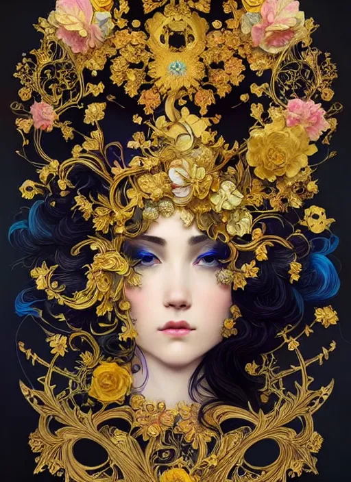 Image similar to beautiful black blue yellow, complicated gold and pink flowers in baroque style headwears, dark fantasy, intricate, elegant, highly detailed, digital painting, artstation, concept art, matte, 3 d 8 k octane rendered, sharp focus, illustration, octane rendered, art by artgerm and alphonse mucha, leesha hannigan