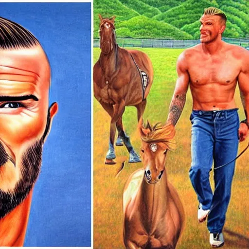 Image similar to beautiful lifelike painting of david beckham human horse centaur, majestic cinematic, hyperreal detailed facial features and uv lighting, art by ed roth and basil wolverton