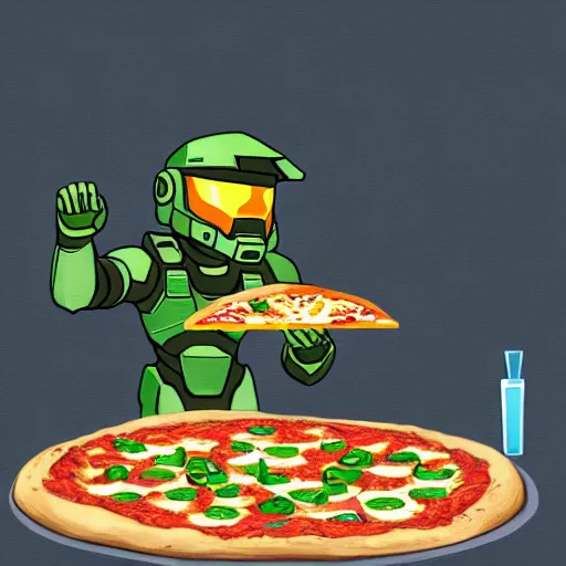 Image similar to Master Chief from Halo getting a pizza from Spiderman at an old apartment, digital painting