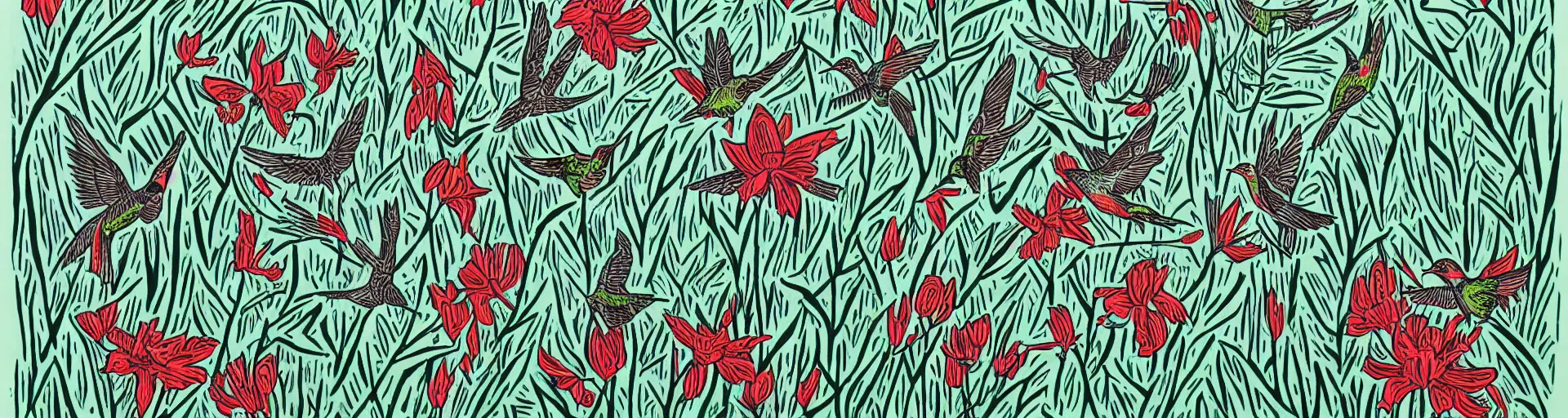 Prompt: a linocut of Hummingbirds and wildflowers