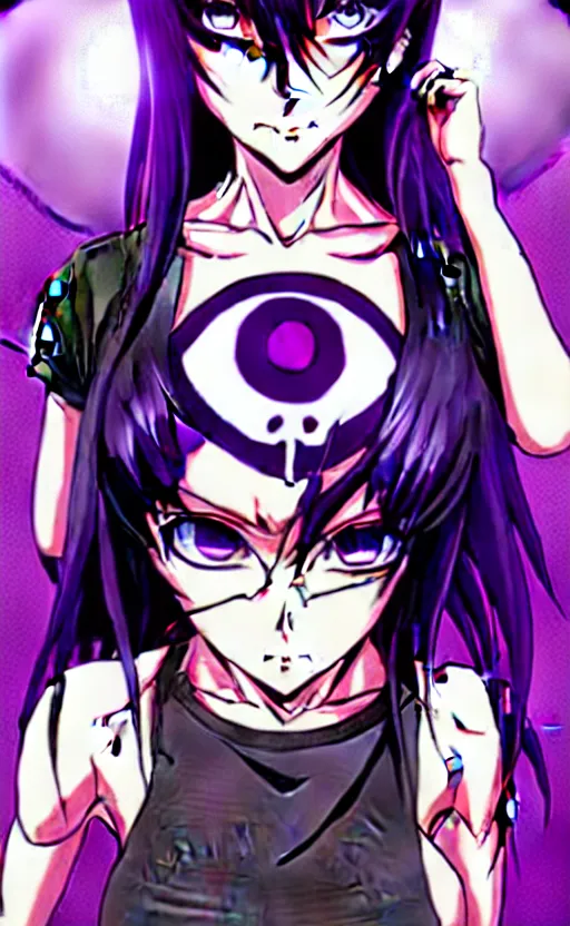 Image similar to style of madhouse studio anime, black lagoon manga, loish, artgerm, comic art, portrait of revy from black lagoon, symmetrical eyes and symmetrical face, jean shorts, white tank top, purple hair, sarcastic evil smirk on face, sky and ocean background