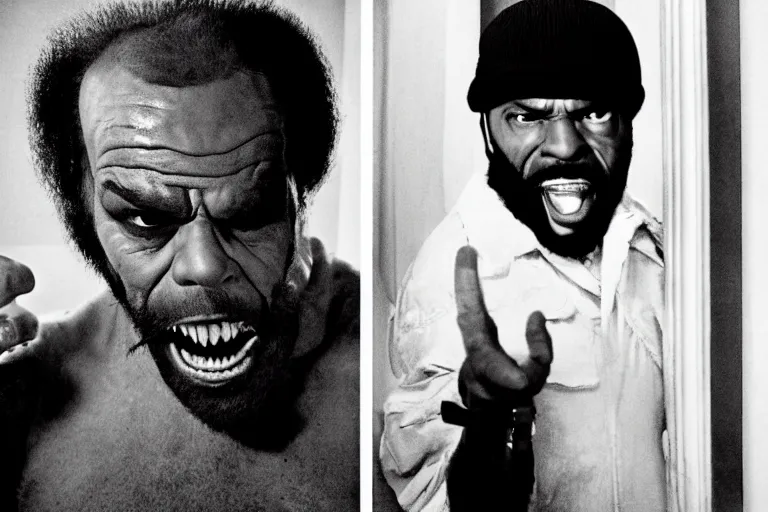 Prompt: mr. t as jack nicholson in the shining, dramatic lighting, horror