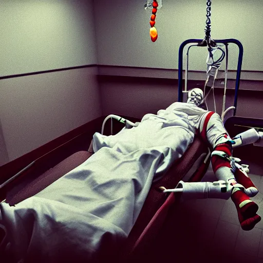 Prompt: crazy clown lying in hospital bed with wrist restraints on, restraints straps attached to hospital bed siderails, greg rutkowski, photograph, 8 k