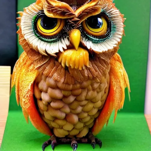 Image similar to a grotesque, horrific owl made entirely of apples